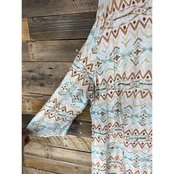 Alfred Dunner Women's Plus Sz 2X Beige Blue Aztec Design 3/4 Sleeve Top - Picture 3 of 14